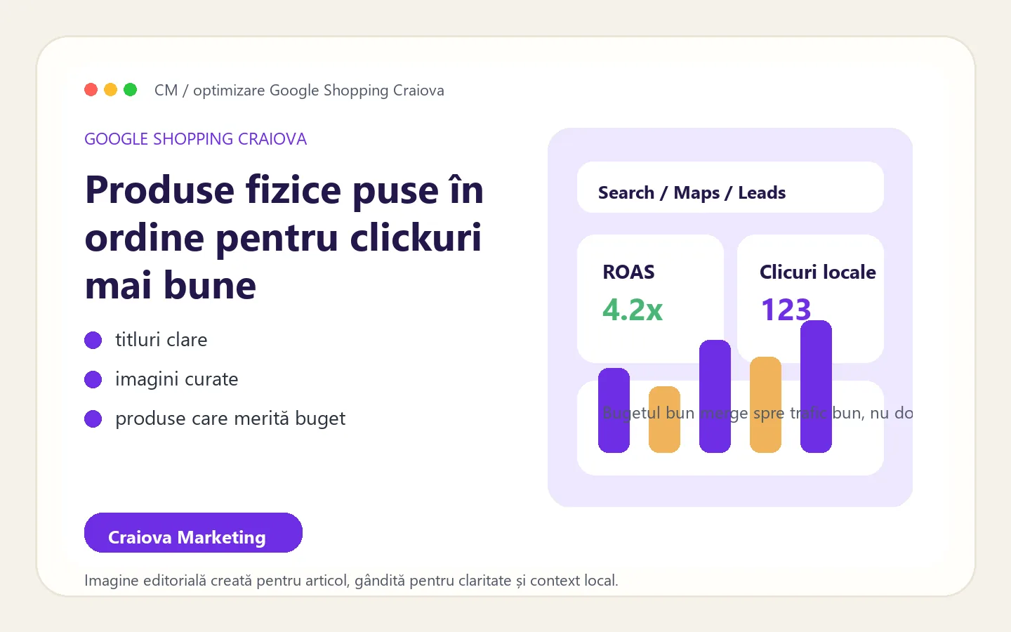 Vizual editorial despre optimizarea produselor în Google Shopping pentru un magazin din Craiova