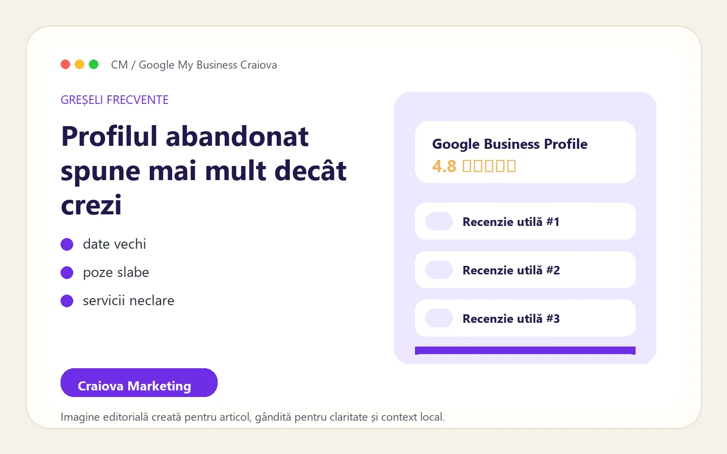 Interfață editorială despre greșelile frecvente din administrarea Google Business Profile
