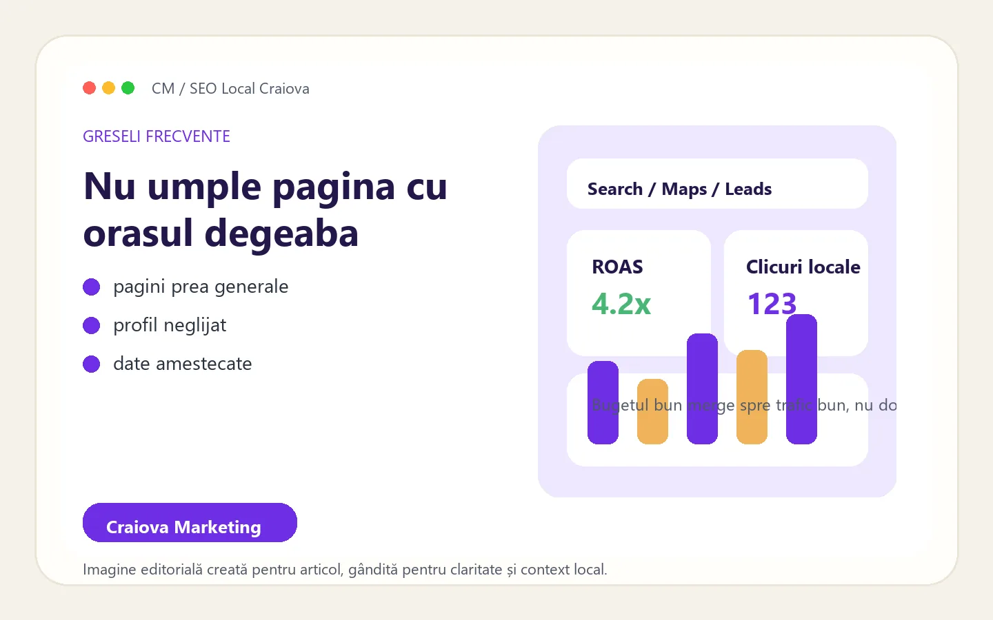 Ilustratie editoriala despre greselile frecvente din SEO local pentru firme din Craiova