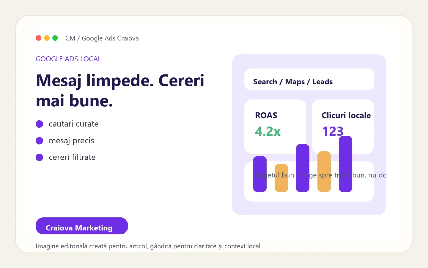 Vizual editorial despre campanii Google Ads locale pentru afaceri din Craiova