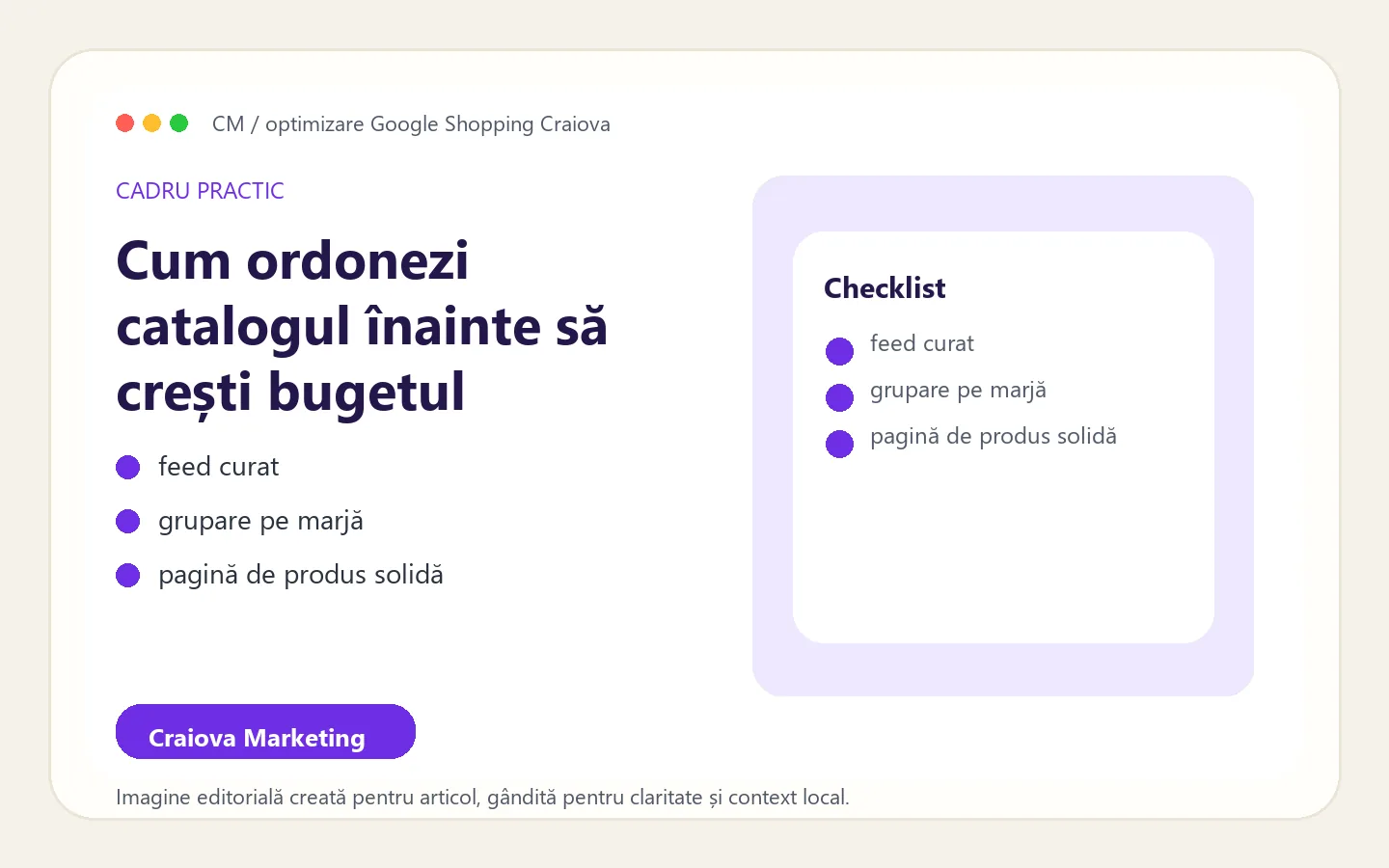Cadru vizual de lucru pentru feed, titluri și structură de produse în Google Shopping