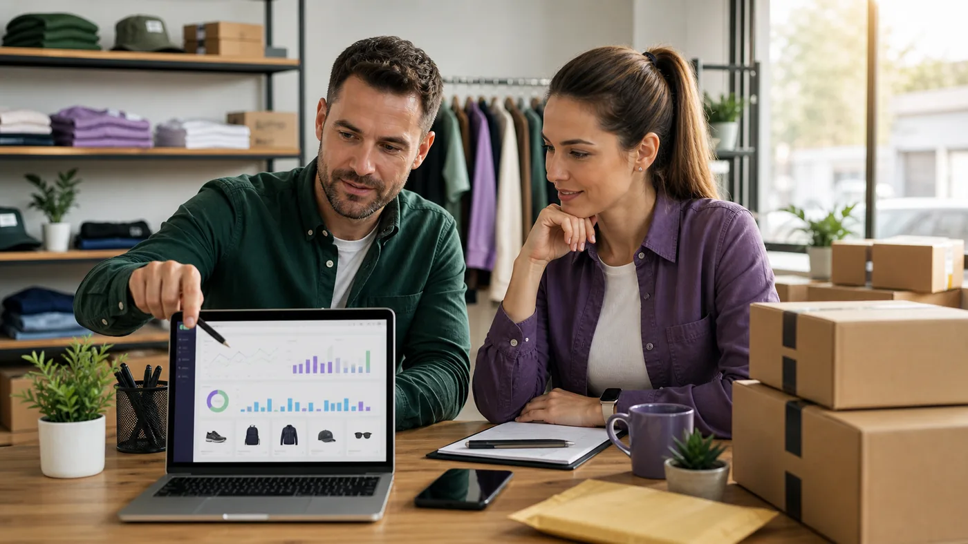 Antreprenori locali analizând ROAS, comenzi și stoc pentru campanii Google Shopping