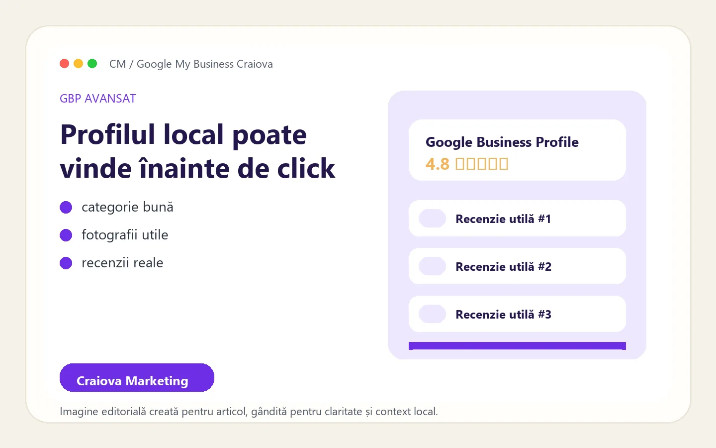 Vizual editorial despre Google Business Profile pentru căutări locale în Craiova