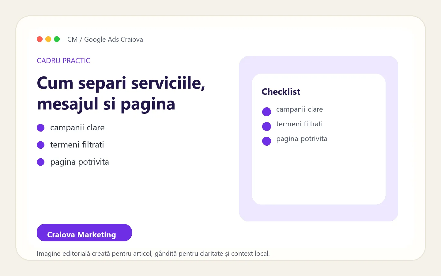 Cadru vizual pentru structurarea campaniilor Google Ads locale în Craiova