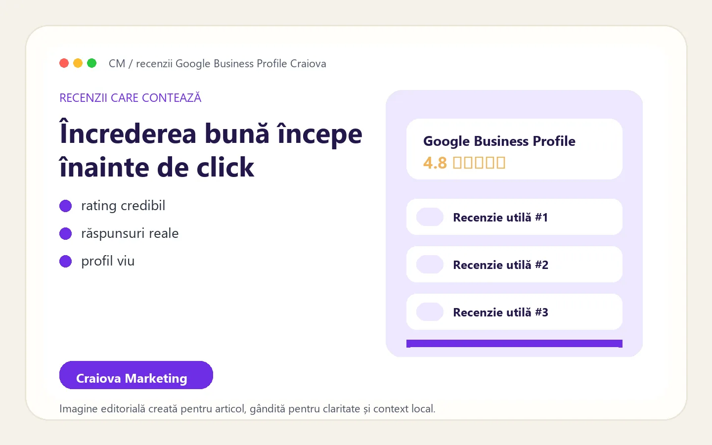 Vizual editorial despre recenzii și Google Business Profile pentru afaceri locale din Craiova