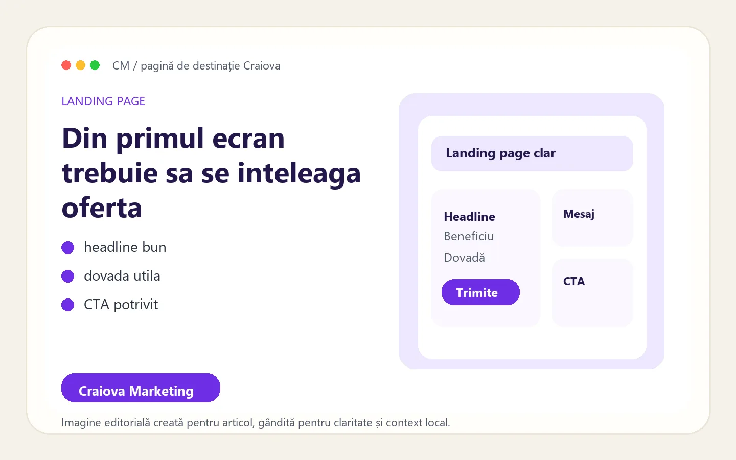 Vizual editorial despre o pagina de destinatie care converteste mai bine pentru afaceri din Craiova
