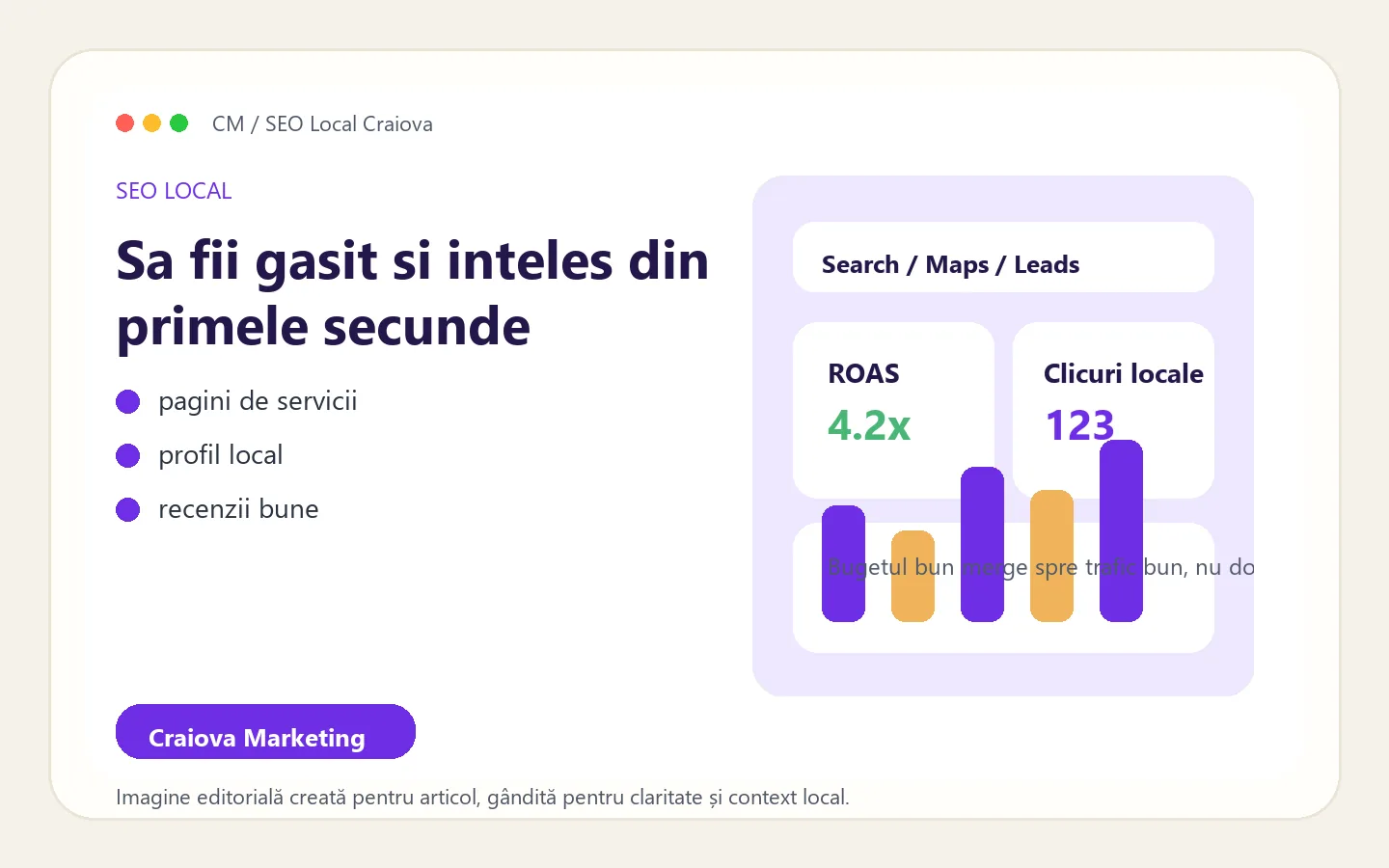 Vizual editorial despre SEO local si aparitia pe Google pentru afaceri din Craiova
