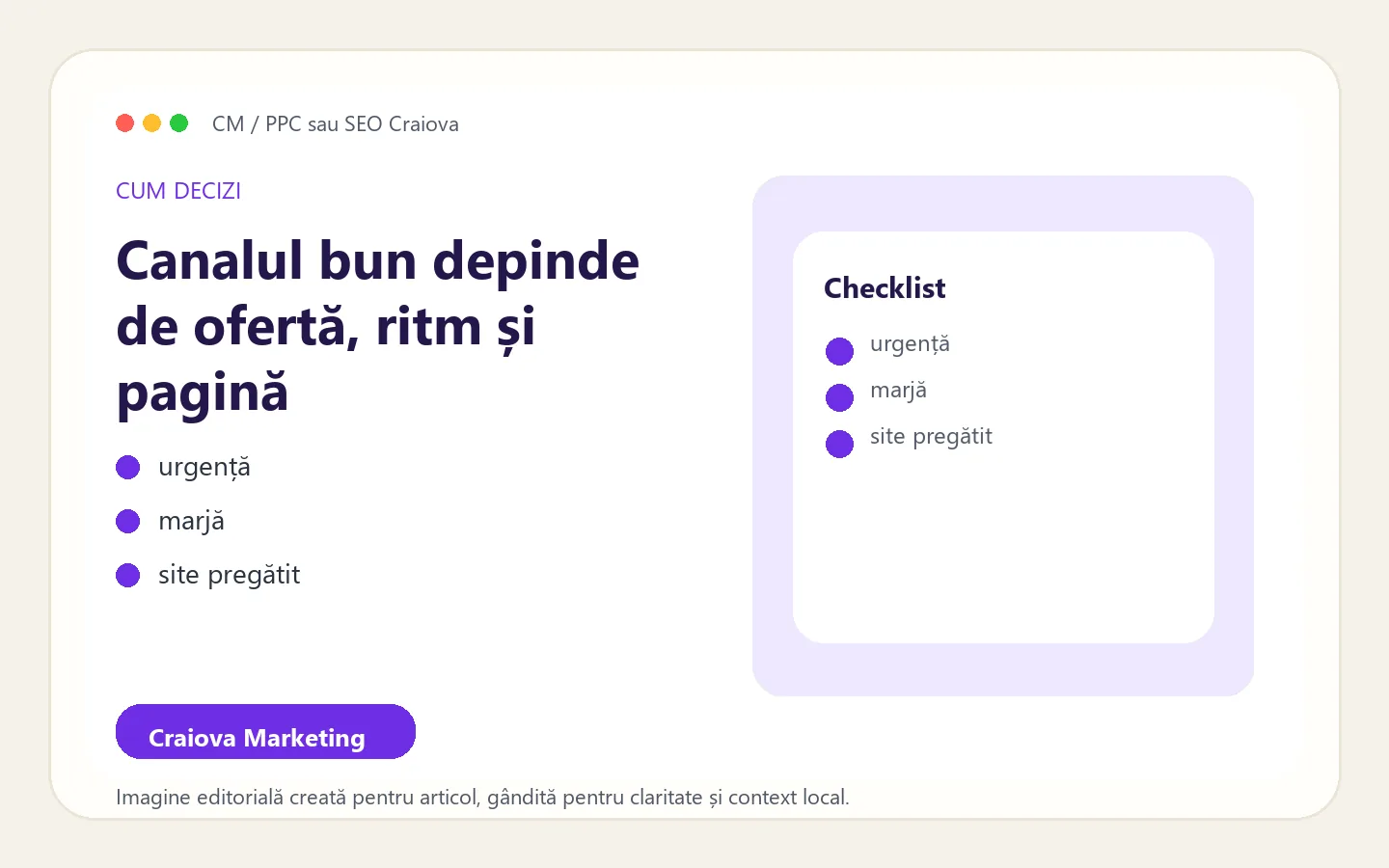 Cadru vizual pentru alegerea dintre PPC și SEO într-o afacere locală
