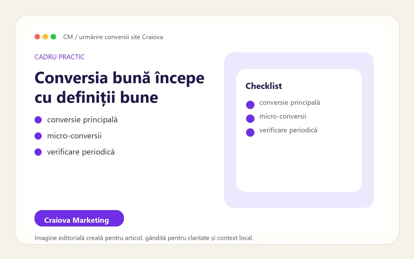 Cadru vizual pentru setarea conversiilor și micro-conversiilor pe un site local
