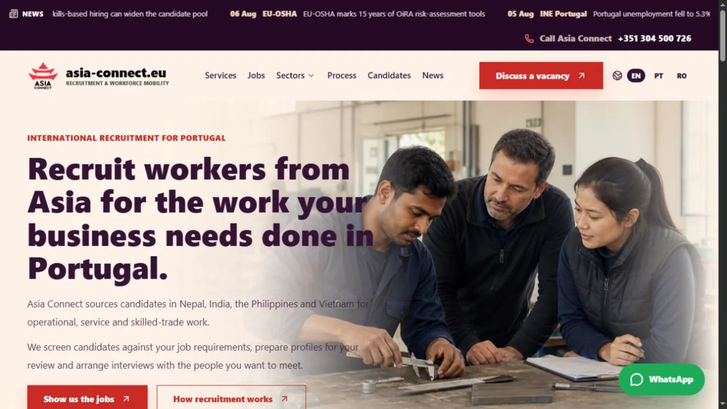 Pagina principală Asia Connect Europe pentru recrutare internațională în Portugalia