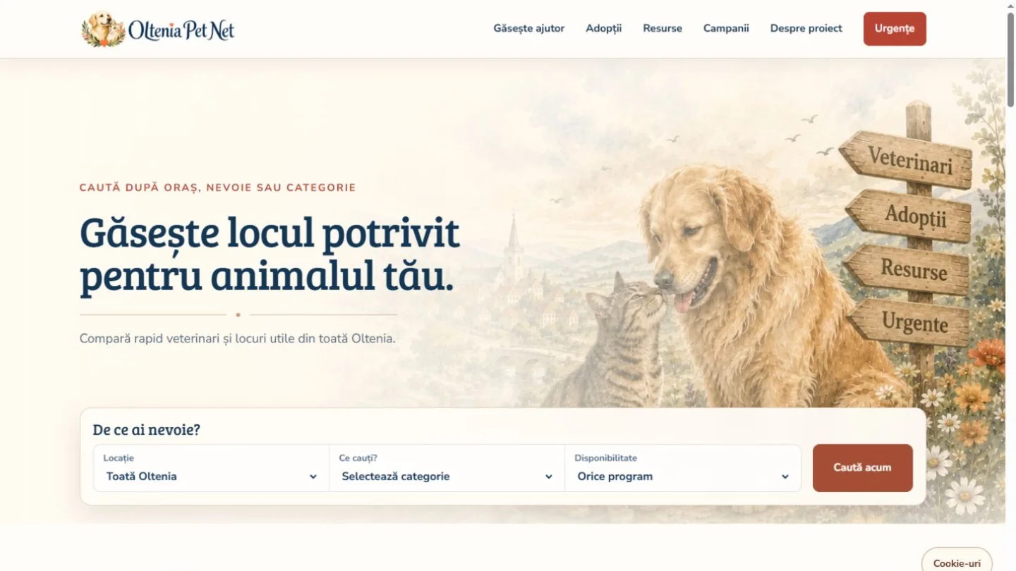 Noua pagină principală Oltenia Pet Net, director regional pentru veterinari, adopții și resurse