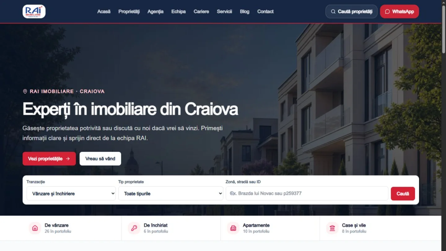 Noua pagină principală RAI Imobiliare, cu motor de căutare pentru proprietăți în Craiova