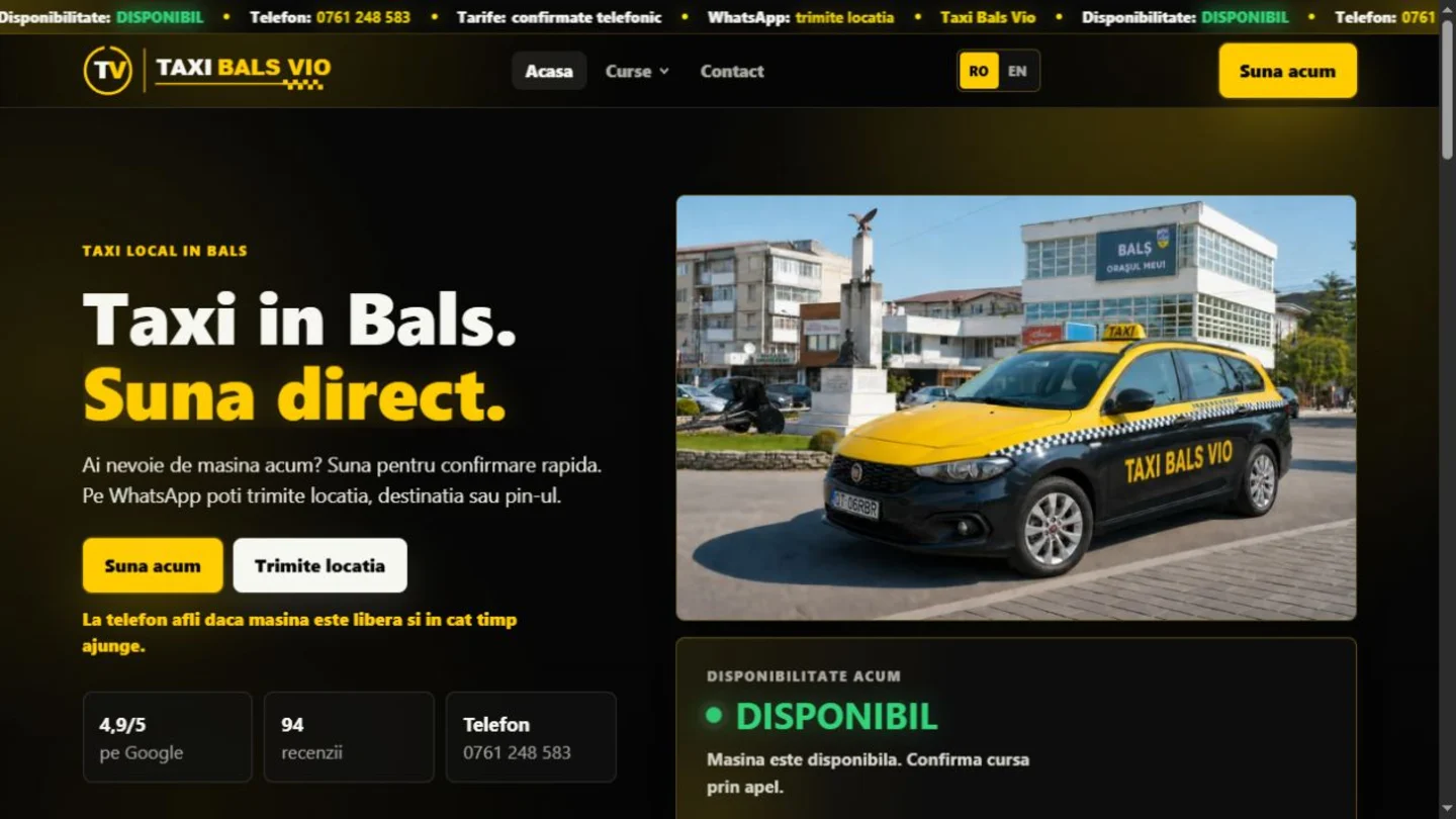 Pagina principală Taxi Balș Vio, cu apel rapid, WhatsApp și disponibilitatea mașinii